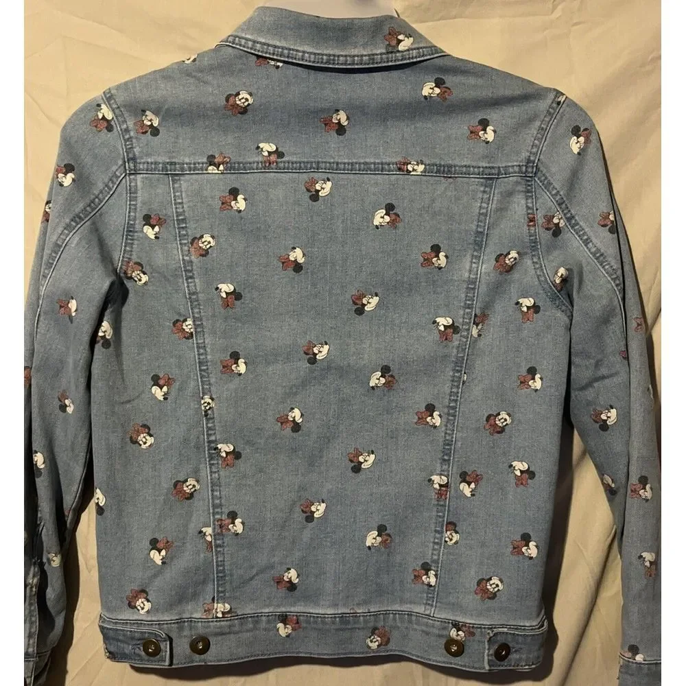 Disney‎ Adult Minnie Mouse All Over Face Print Denim Jean Jacket Women's XSmall